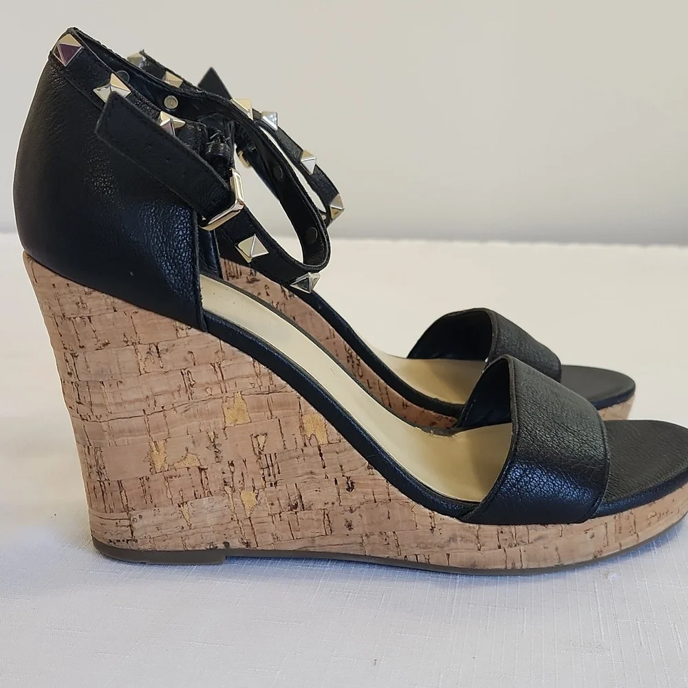 Marc Fisher Black Leather Studded Cork Wedges. Size 9.5